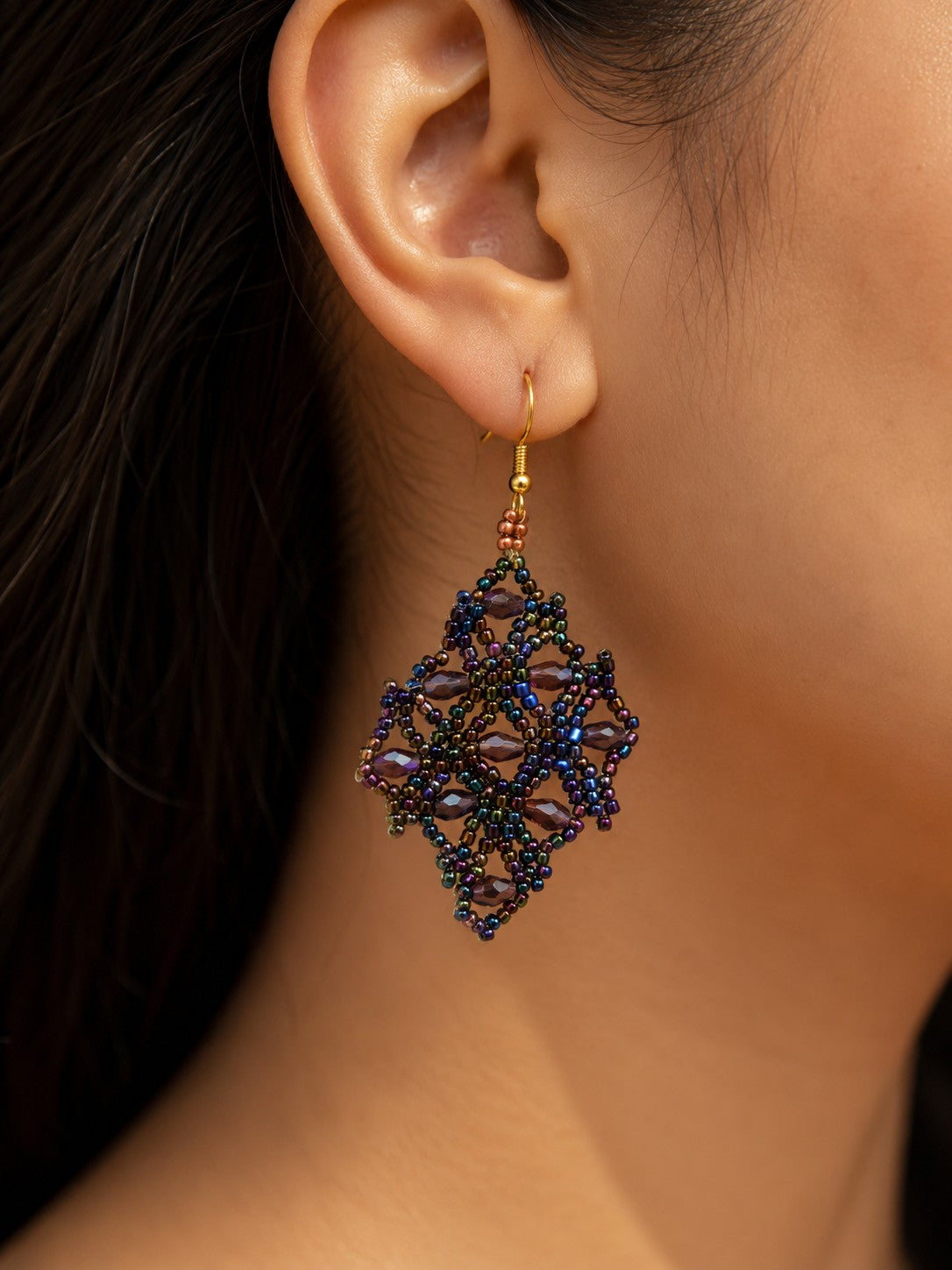 Handcrafted Iridescent Beaded Chandelier Earrings | Bohemian Statement Earrings