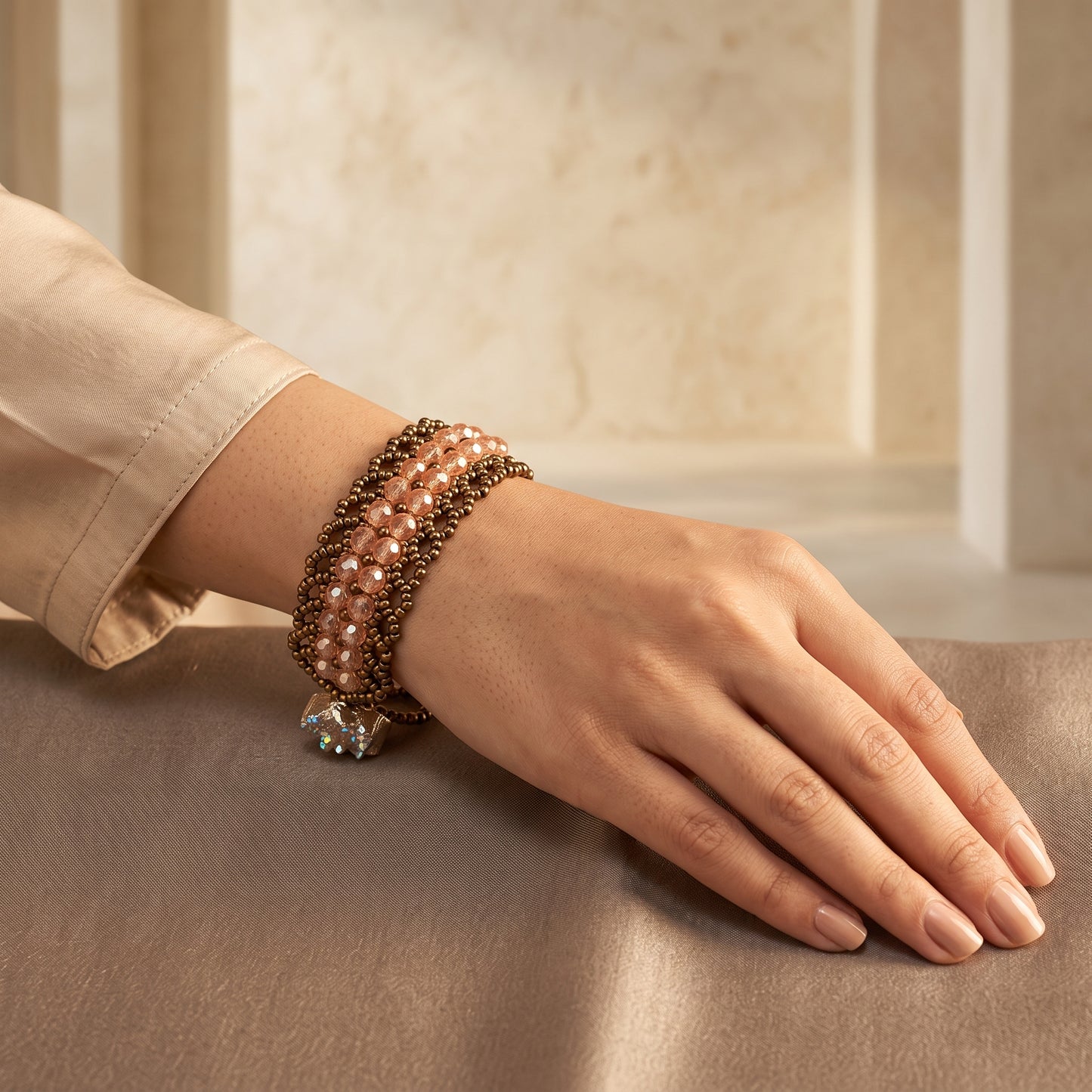 Handcrafted Champagne Peach Crystal Woven Bracelet – Adjustable Beaded Bracelet with Rose Gold Accents