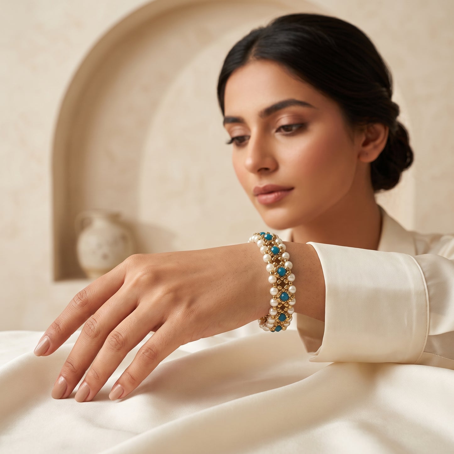 Handcrafted Pearl & Teal Crystal Lace Bracelet – Gold-Beaded Bridal Bracelet for Women