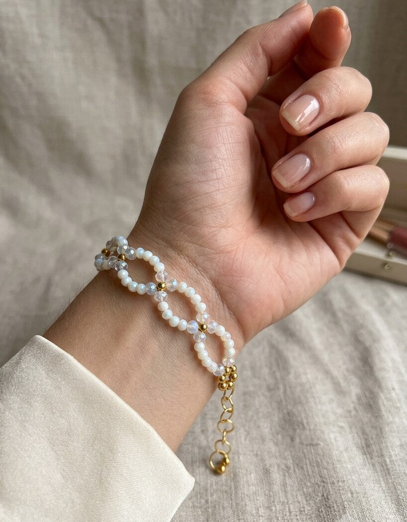 Handcrafted White & Gold Lace Beaded Bracelet