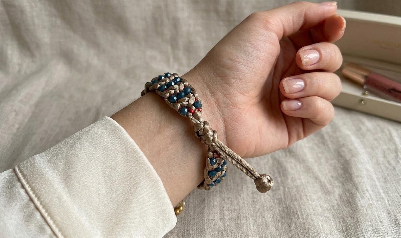 Handcrafted Macramé Teal Beaded Cord Bracelet – Adjustable Braided Boho Bracelet for Women