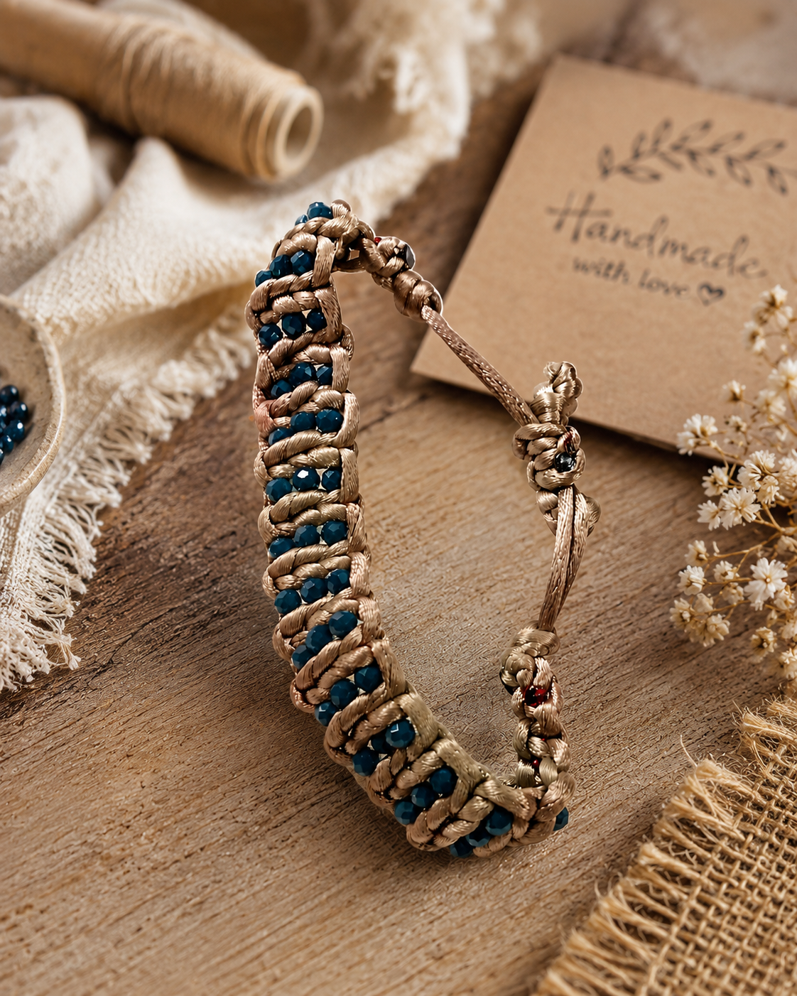 Handcrafted Macramé Teal Beaded Cord Bracelet – Adjustable Braided Boho Bracelet for Women