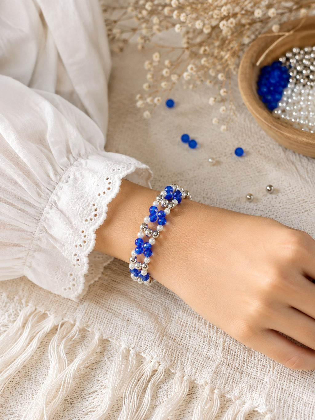 Blue, White & Silver Beaded Bracelet