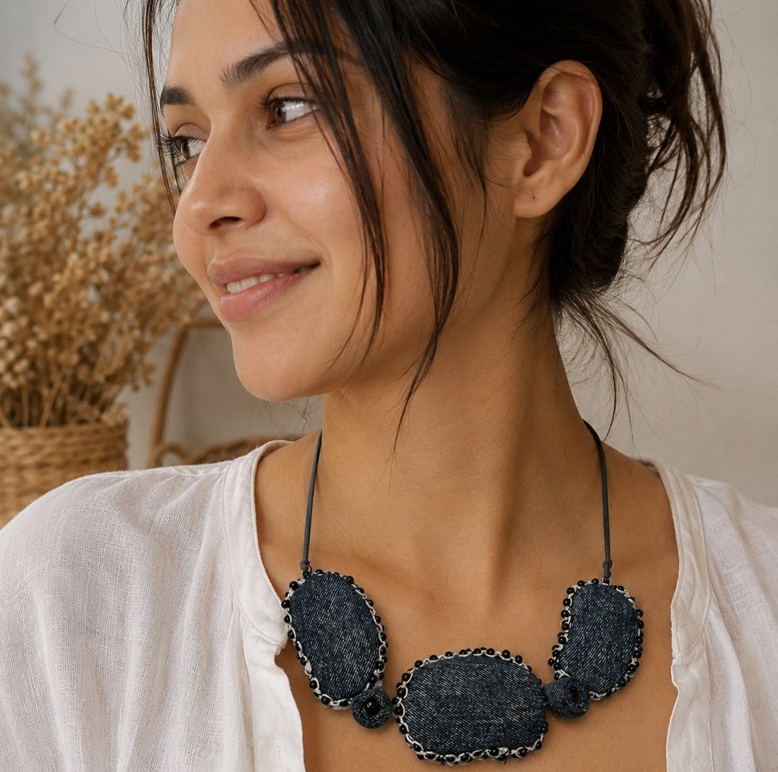 Threaded Fabric Bead Necklace – Modern Casual Style