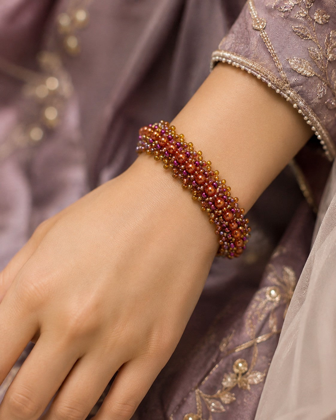 Handcrafted Bronze & Purple Woven Beaded Bracelet