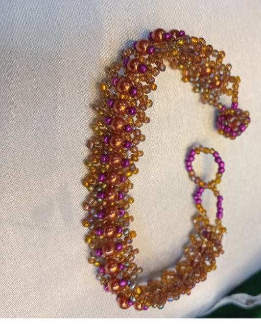 Handcrafted Bronze & Purple Woven Beaded Bracelet