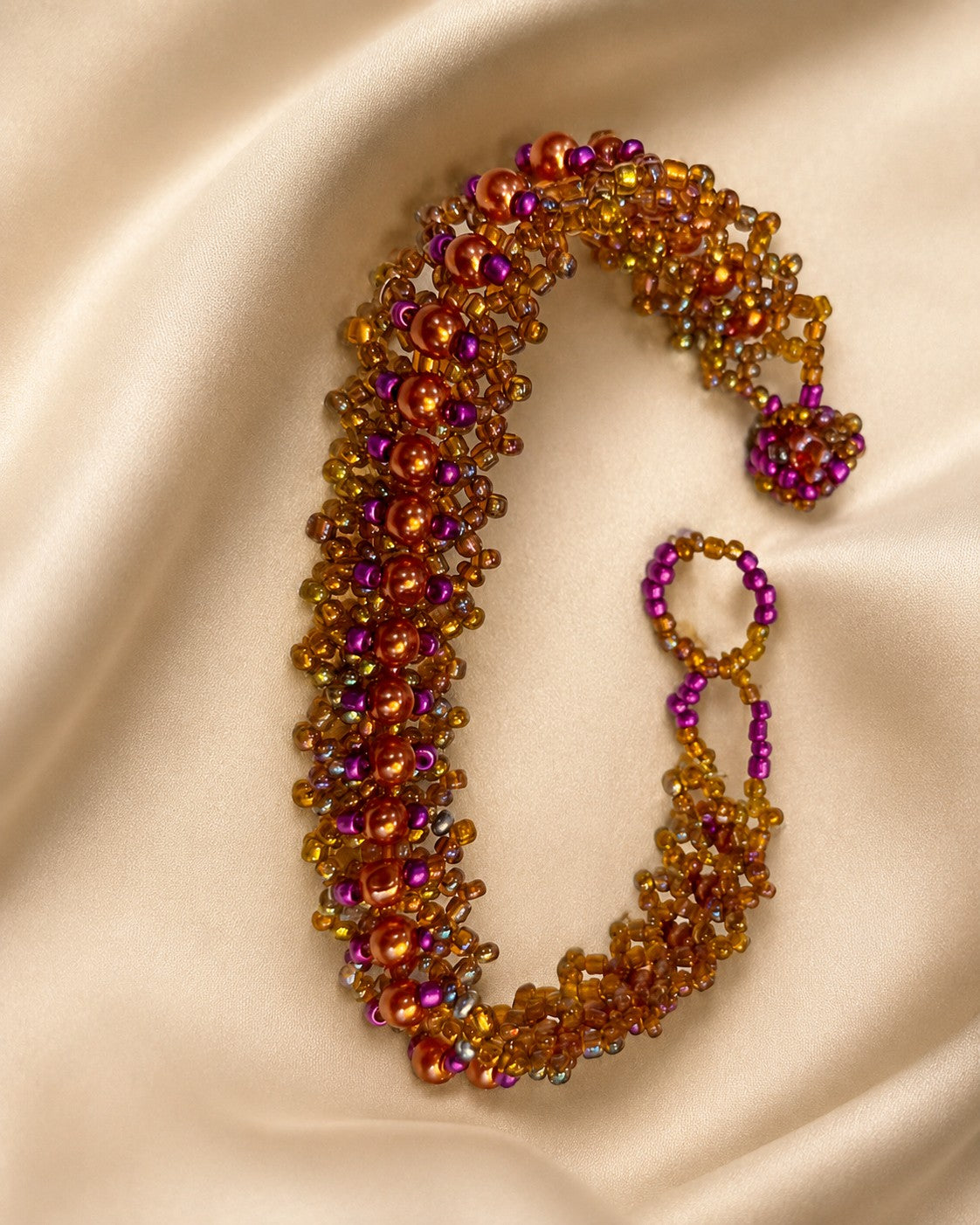 Handcrafted Bronze & Purple Woven Beaded Bracelet