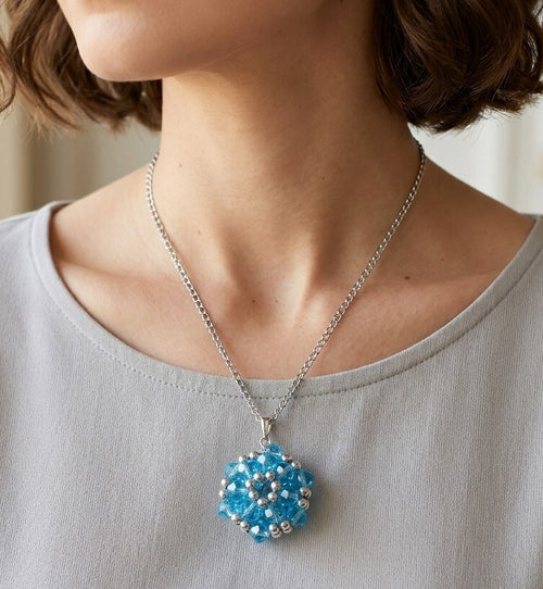 Model wearing Handcrafted Aqua Blue Crystal Cluster Pendant Necklace – handmade Aqua Blue necklace by BeadMeRise