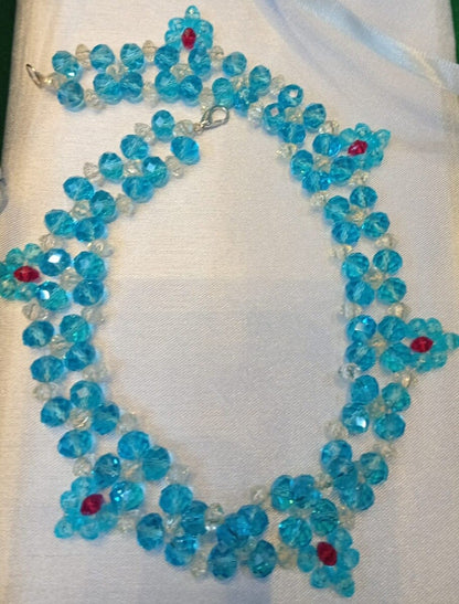 Handcrafted Aqua Blue Crystal Flower Necklace