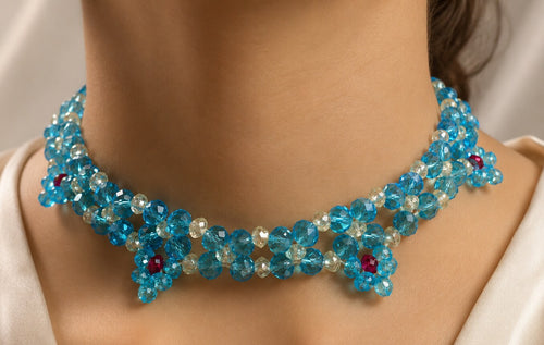 Model wearing Handcrafted Aqua Blue Crystal Flower Necklace – handmade Aqua Blue necklace by BeadMeRise
