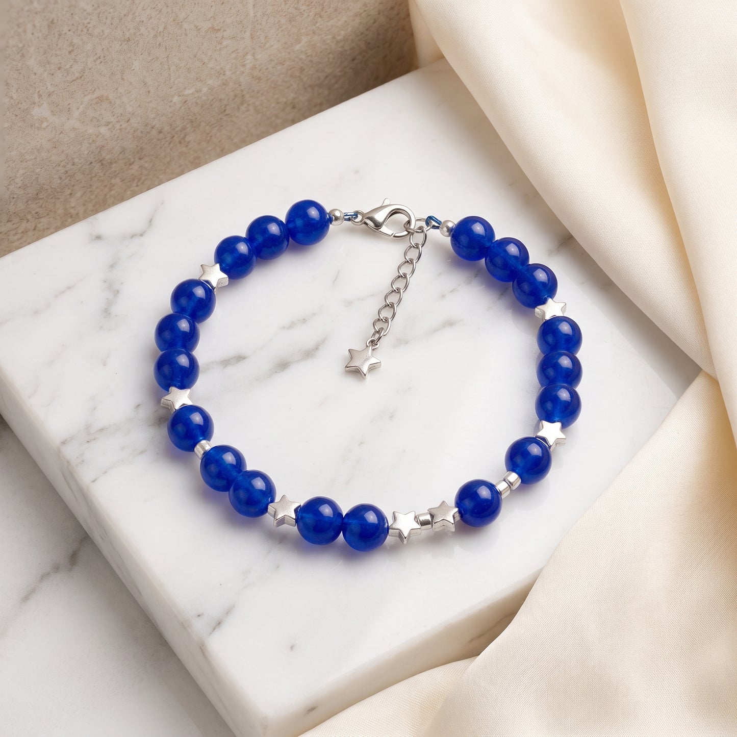 Blue Agate Star Bead Bracelet – Adjustable Beaded Bracelet with Silver Star Charms for Women