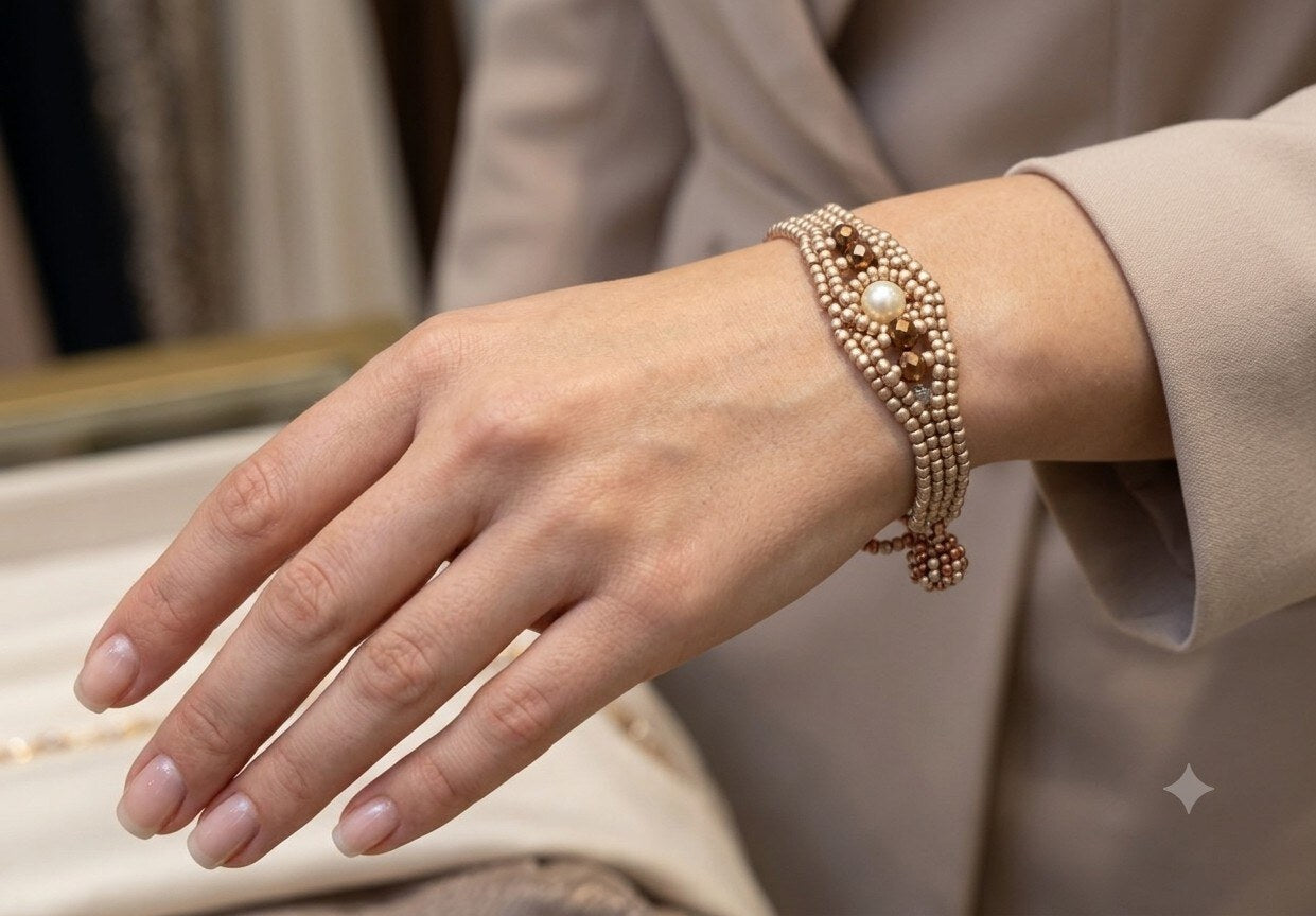 Model wearing Handcrafted Bronze & Gold Pearl Beaded Bracelet – handmade Bronze & Gold bracelet by BeadMeRise