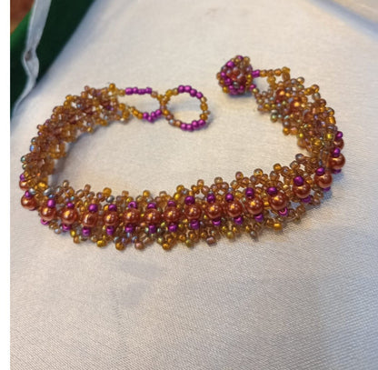 Handcrafted Bronze & Purple Woven Beaded Bracelet