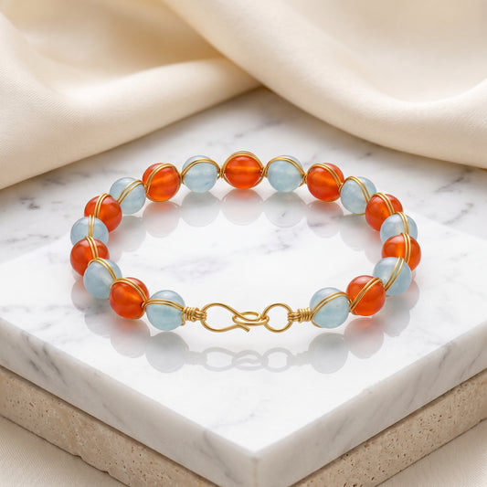 Carnelian & Aquamarine Wire-Wrapped Bracelet – Handmade Gold Gemstone-Style Beaded Bracelet