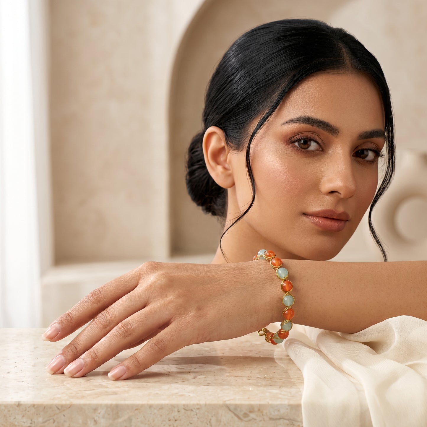 Carnelian & Aquamarine Wire-Wrapped Bracelet – Handmade Gold Gemstone-Style Beaded Bracelet
