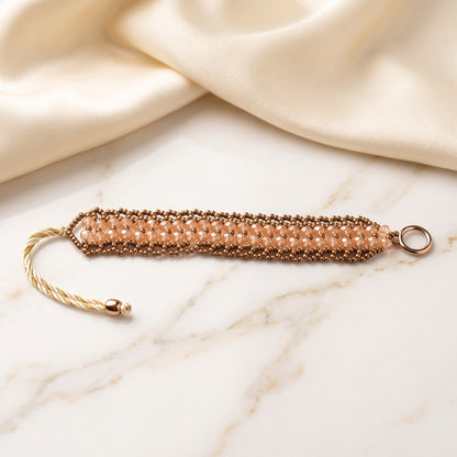 Handcrafted Champagne Peach Crystal Woven Bracelet – Adjustable Beaded Bracelet with Rose Gold Accents