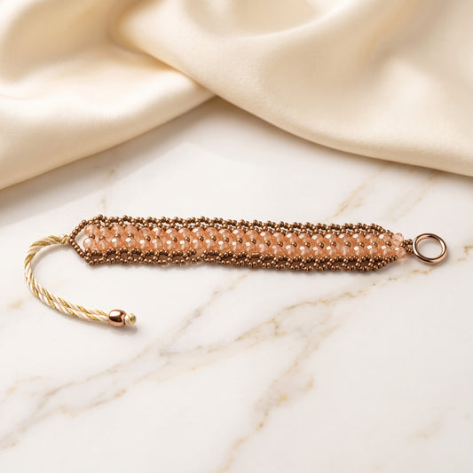 Handcrafted Champagne Peach Crystal Woven Bracelet – Adjustable Beaded Bracelet with Rose Gold Accents