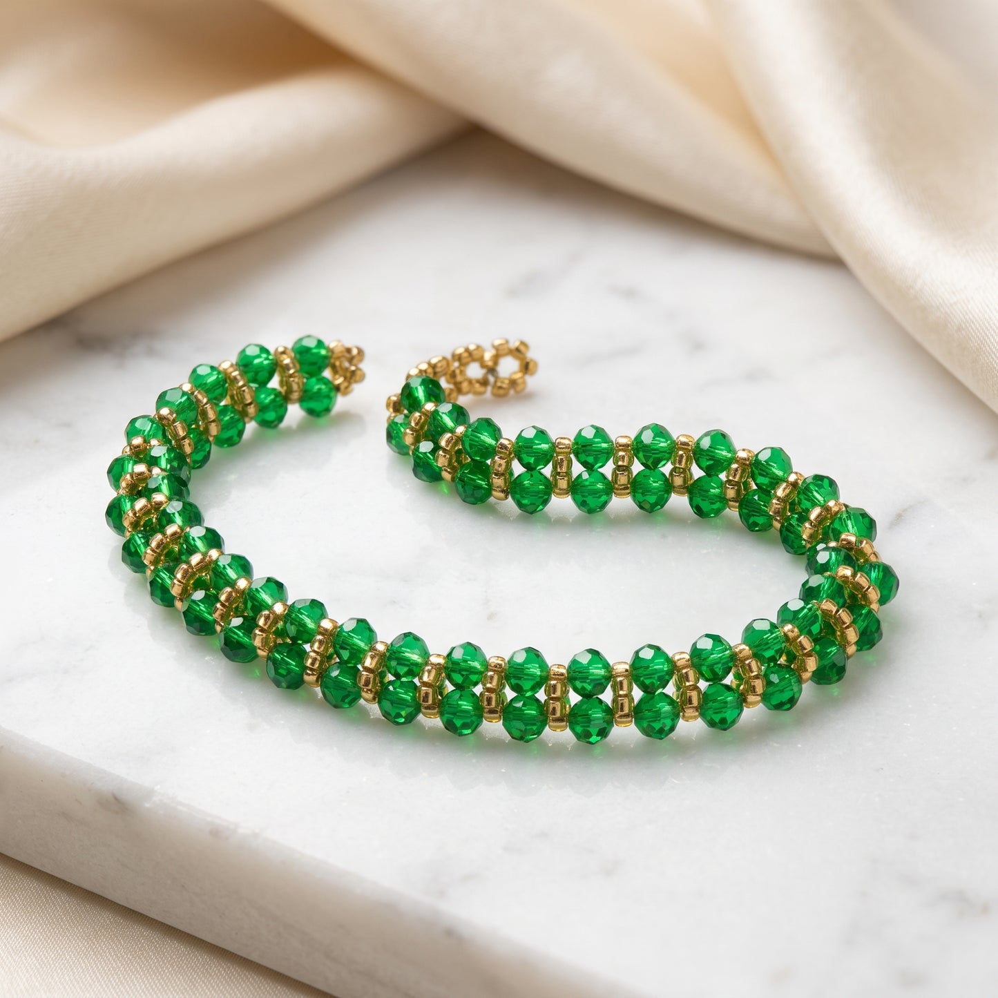 Handcrafted Emerald Green Crystal Woven Cuff Bracelet – Beaded Gold-Accent Bracelet for Women