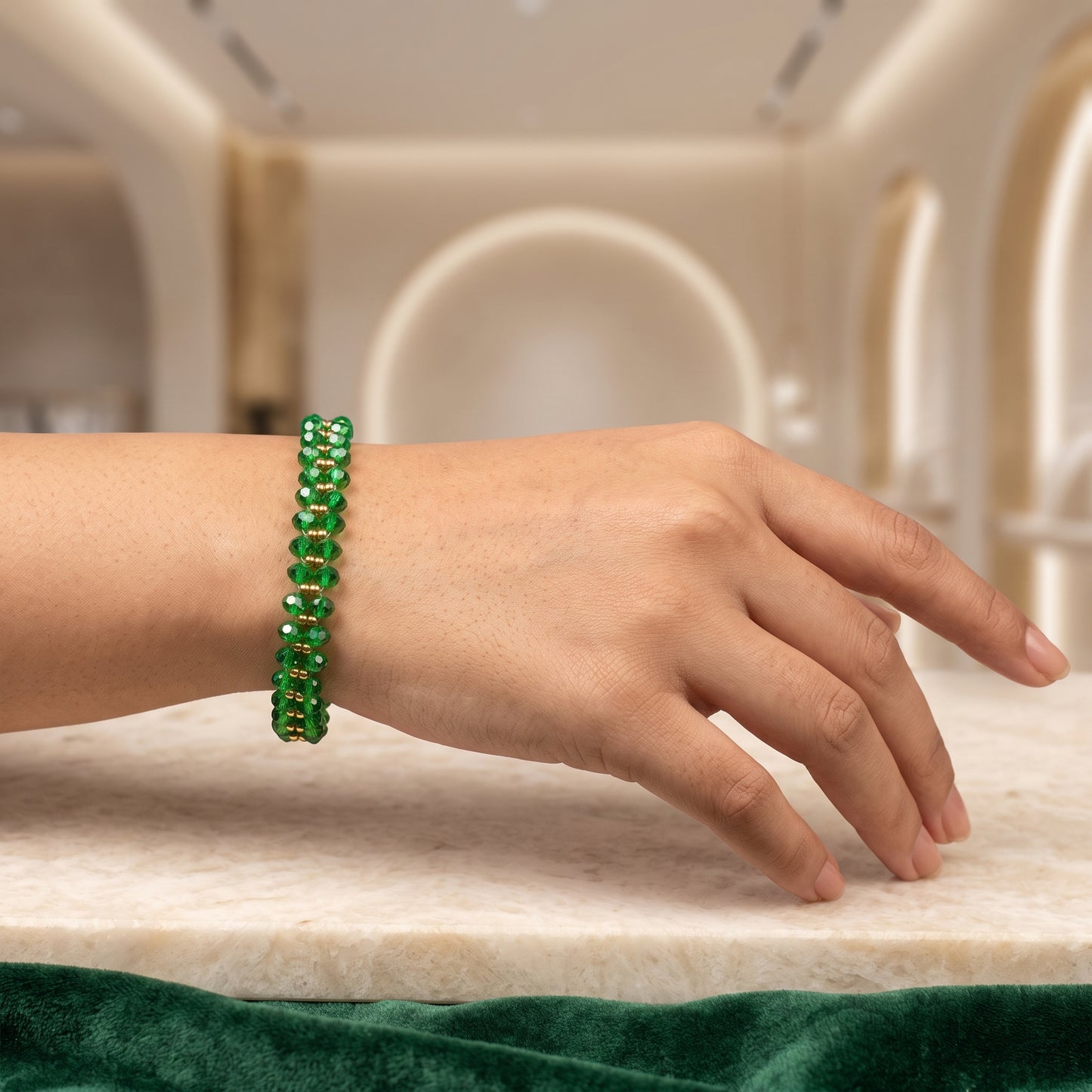 Handcrafted Emerald Green Crystal Woven Cuff Bracelet – Beaded Gold-Accent Bracelet for Women