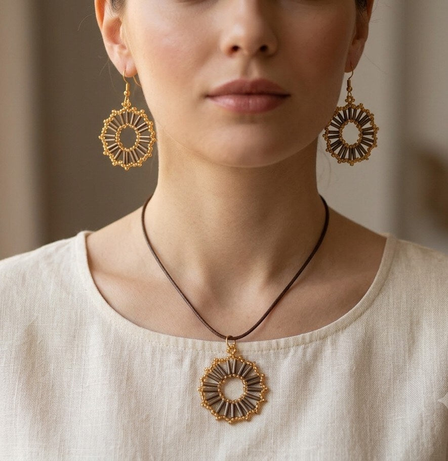 Model wearing Handcrafted Gold Circle Beaded Drop Earrings – handmade Gold earrings by BeadMeRise