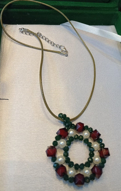 Handcrafted Green & Red Beaded Pendant Necklace