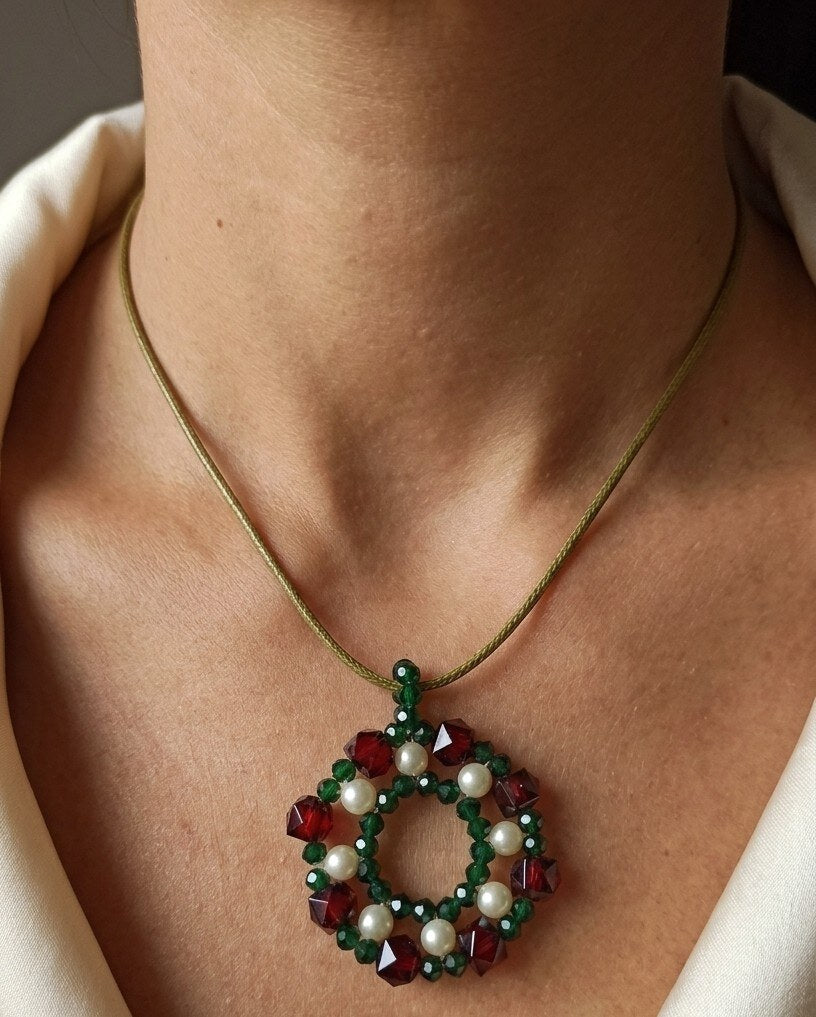Handcrafted Green & Red Beaded Pendant Necklace