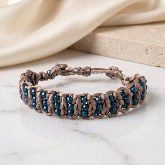Handcrafted Macramé Teal Beaded Cord Bracelet – Adjustable Braided Boho Bracelet for Women
