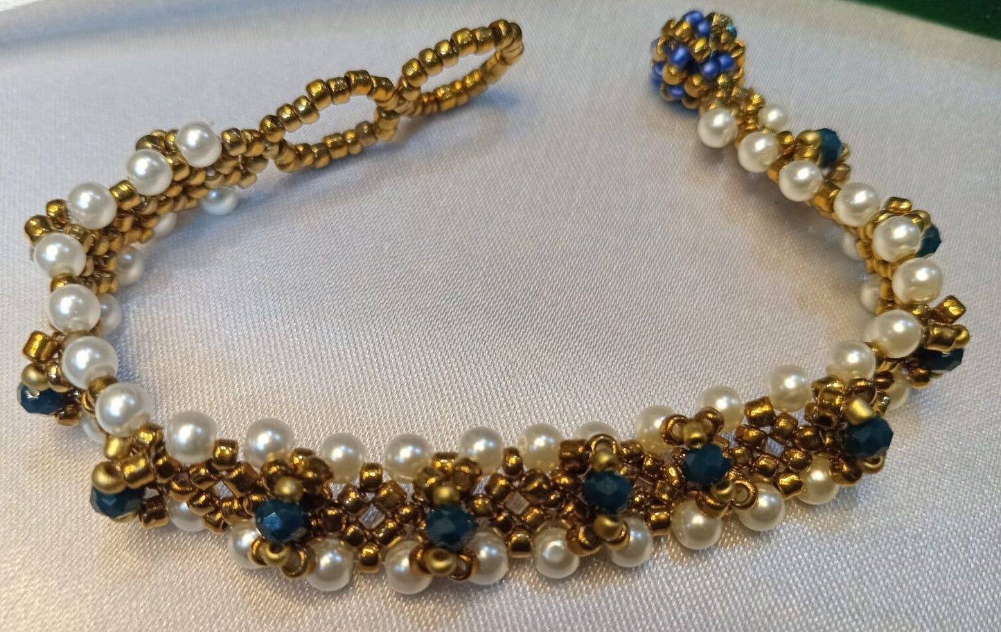 Handcrafted Pearl, Gold & Blue Beaded Bracelet