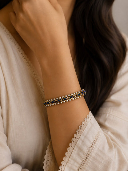 Handcrafted Pearl, Gold & Blue Beaded Bracelet