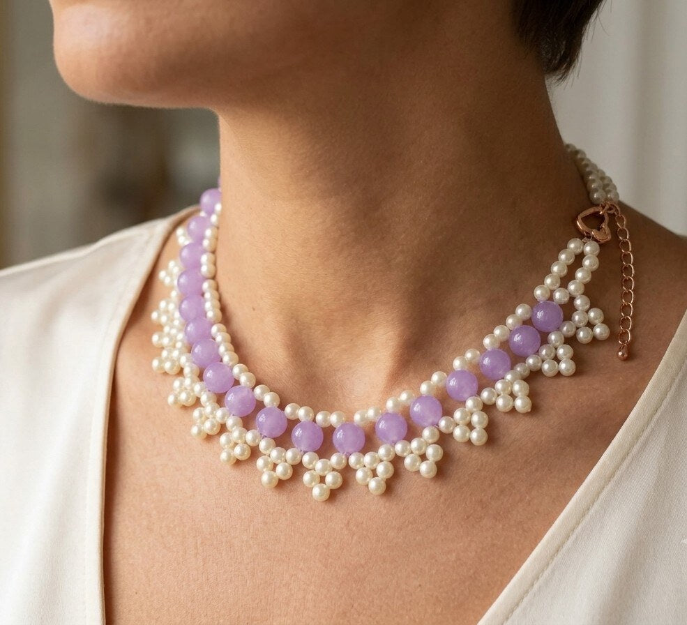 Handcrafted Pearl & Lilac Lace Collar Necklace