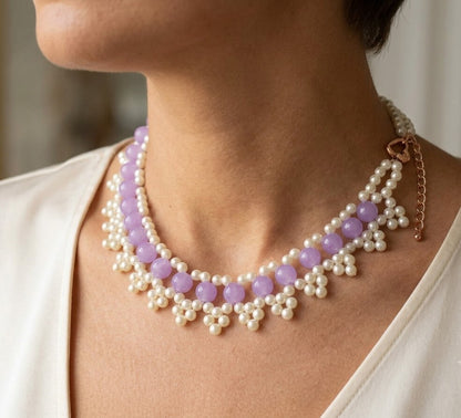 Handcrafted Pearl & Lilac Lace Collar Necklace