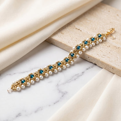 Handcrafted Pearl & Teal Crystal Lace Bracelet – Gold-Beaded Bridal Bracelet for Women