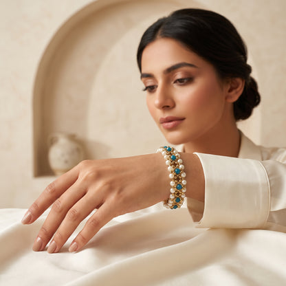 Handcrafted Pearl & Teal Crystal Lace Bracelet – Gold-Beaded Bridal Bracelet for Women