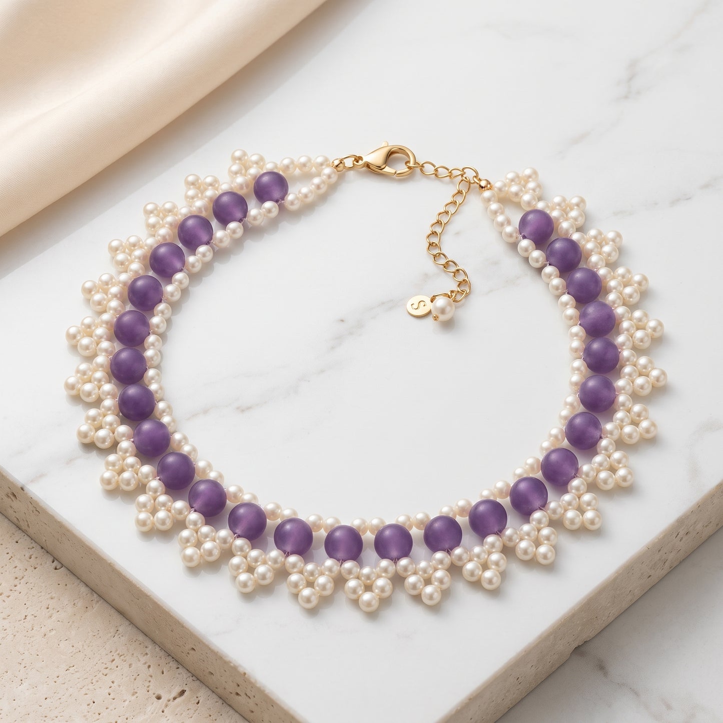 Handcrafted Purple & Pearl Statement Collar Necklace – Adjustable Beaded Bib Necklace for Women