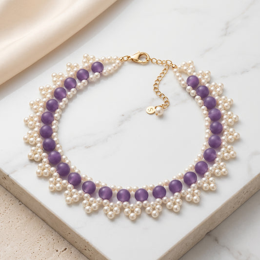 Handcrafted Purple & Pearl Statement Collar Necklace – Adjustable Beaded Bib Necklace for Women