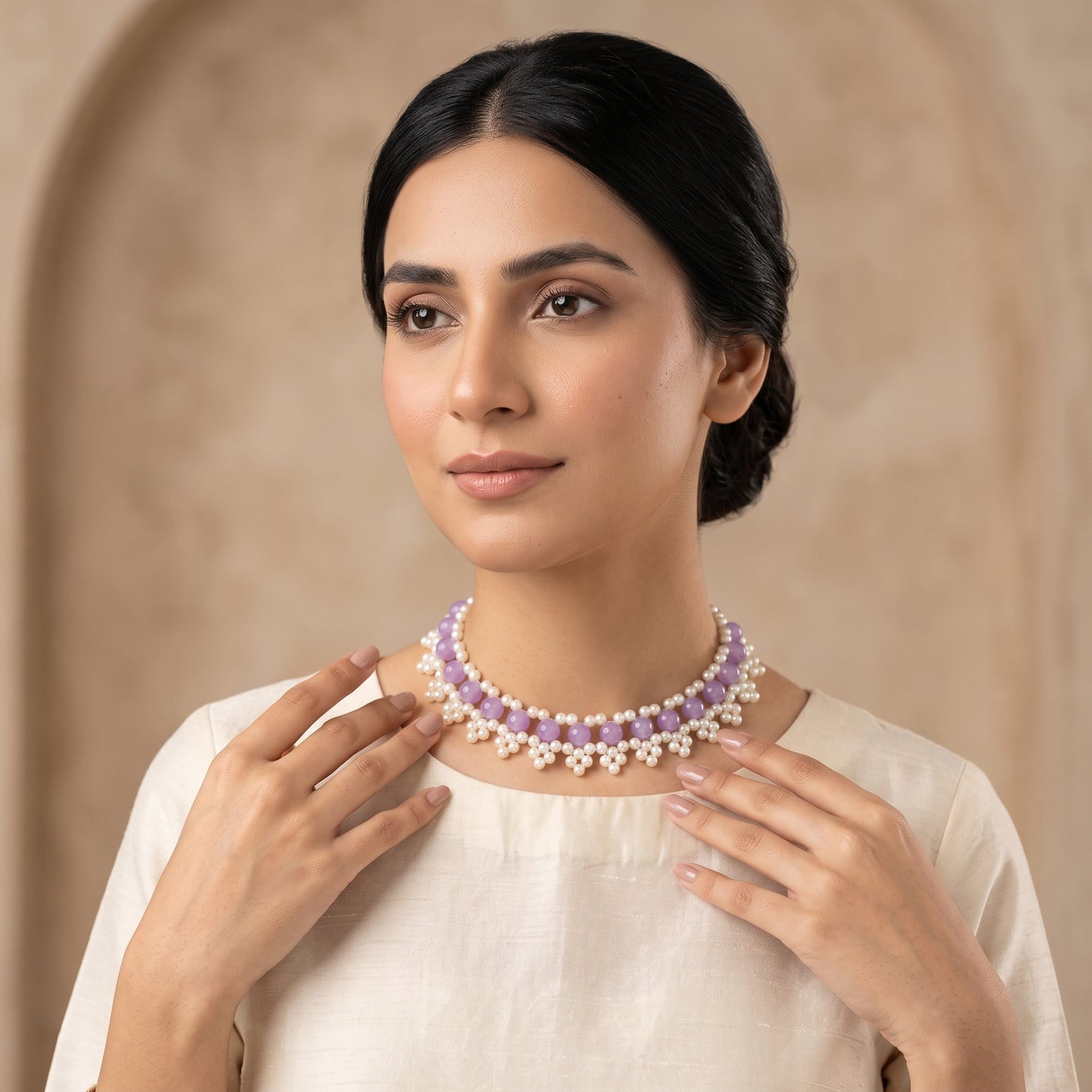 Handcrafted Purple & Pearl Statement Collar Necklace – Adjustable Beaded Bib Necklace for Women