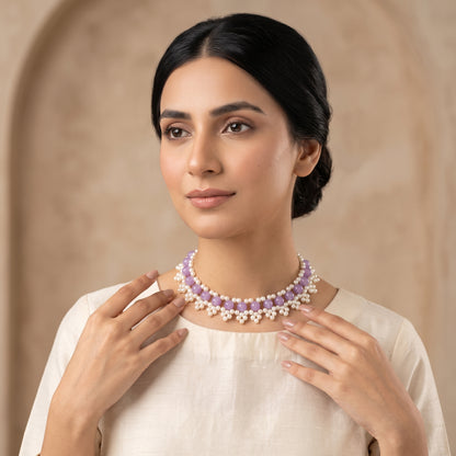 Handcrafted Purple & Pearl Statement Collar Necklace – Adjustable Beaded Bib Necklace for Women